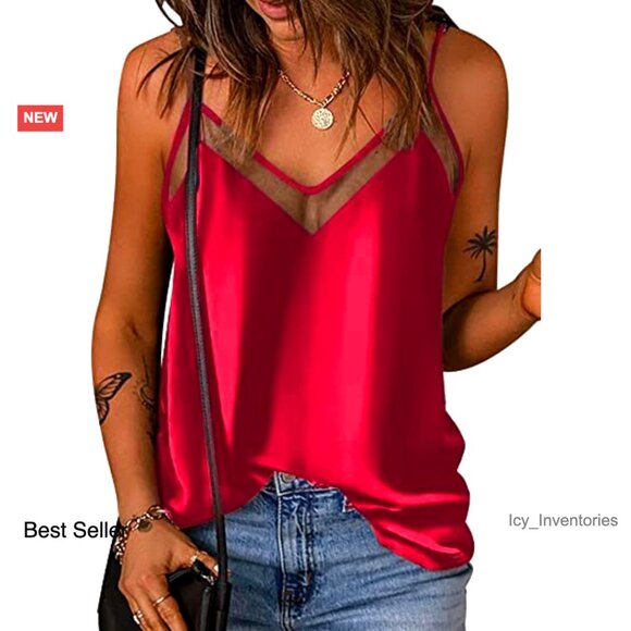 Tops - Satin Camisole Tank Top V-Neck Adjustable Straps Sleeveless Summer Blouse Chic
